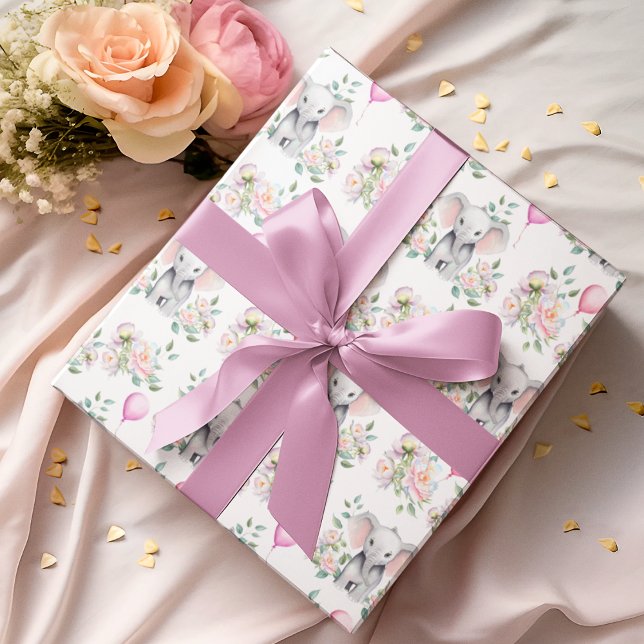 Papel De Presente Chuva de Bebê Elefante com Peônias e Balão (Wrap your baby shower gifts or party favors with this adorable baby shower Elephant with peonies!)