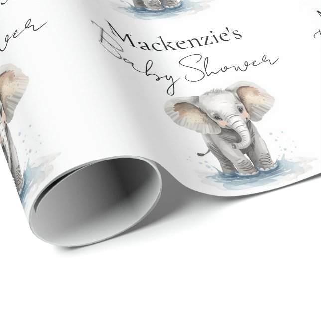 Papel De Presente Chuva de Bebê Elefante Fofo em Aquarela (Ponta do rolo)