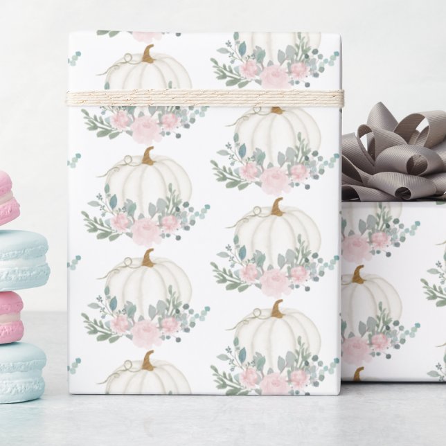 Papel De Presente Chuva de Bebê em Aquarela Floral com Abóbora Branc (Criador carregado)