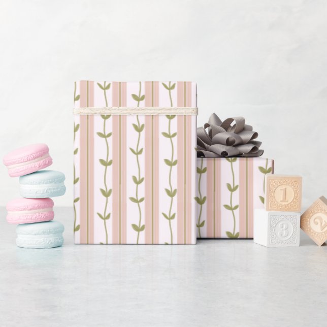 Papel De Presente Chuva de Bebê Faixa Rosa Pastel Botânica Verde Vin (Chá de bebê)
