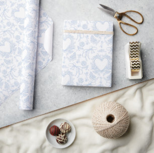 Papel De Presente Chuva de Bebê Fitas Corações Azul Vintage Toile