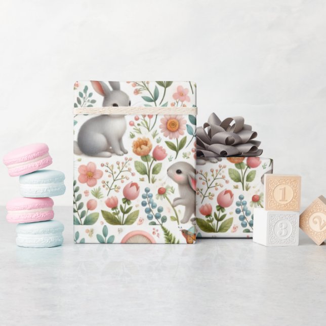 Papel De Presente Chuva de Bebê Floral com Coelhos Aquarela   (Chá de bebê)