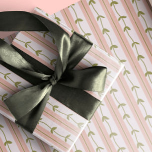 Papel De Presente Chuva de Bebê Listra Rosa Pastel Botânica Verde Vi