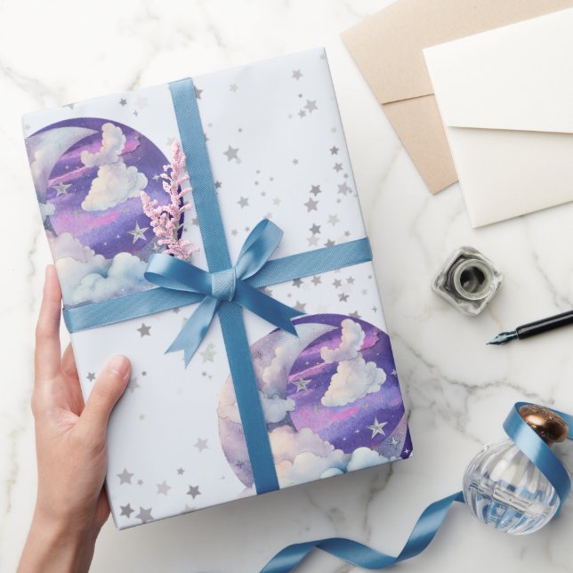 Papel De Presente Chuva de Bebê Moderna Menino Sob a Lua (Presentear)