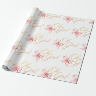 Papel De Presente Chuva de Bebê “Oh Girl” Rosa e Dourado Tipografia