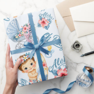Papel De Presente Chuva de Bebê Tropical Azul Aloha Recém-Nascido