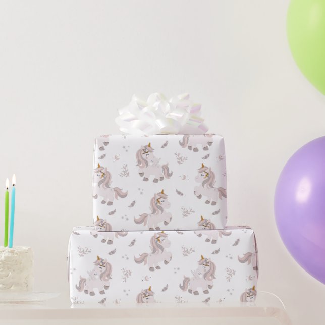 Papel De Presente Chuva de Bebê Unicórnio Boho Rosa Cinza (Presentes para festas)