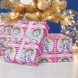 Papel De Presente Chuva de Cores e Unicórnio Aniversário de 1 ano