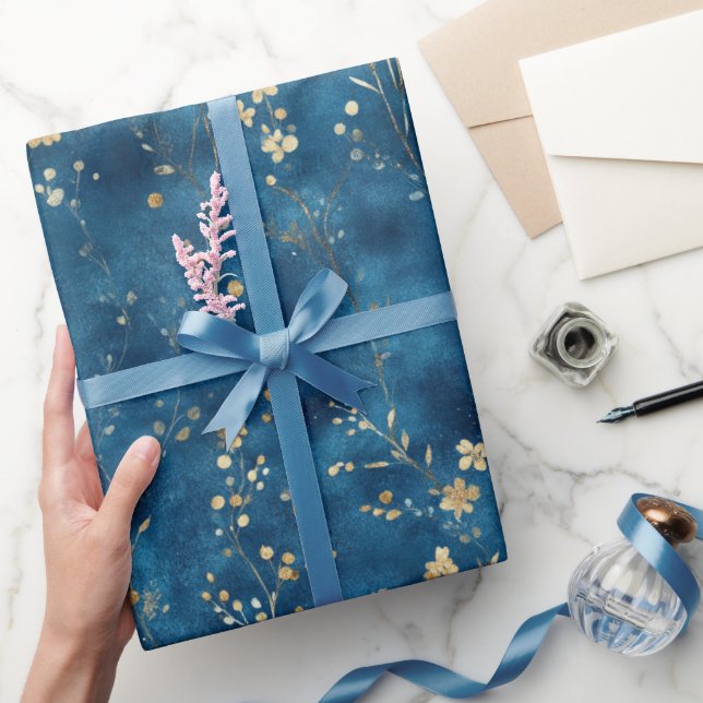 Papel De Presente Chuva de Flores Azul Dourado Chá de Noiva (Presentear)