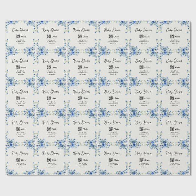 Papel De Presente chuva de flores em aquarela azul bebê scan QR RSVP (Aberto)