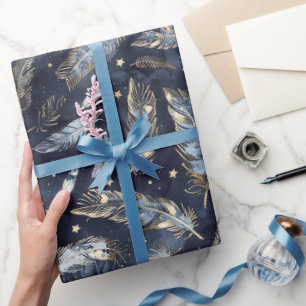 Papel De Presente Chuva de Noiva Blue Gold Penas Estrelas