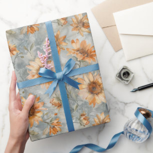Papel De Presente Chuva de Noiva Blue Orange Cream Flowers