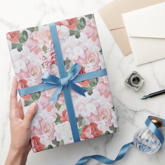 Papel De Presente Chuva de Noiva de Rosas Vermelhas Rosas Brancas Fl (Presentear)