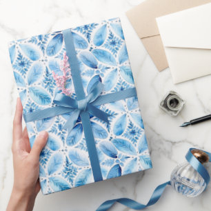 Papel De Presente Chuva de Noiva Floral Batique Azul Branco