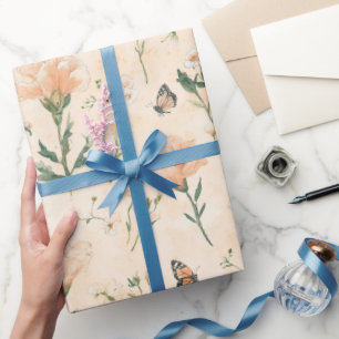 Papel De Presente Chuva de Noiva Floral Borboletas Pêssego