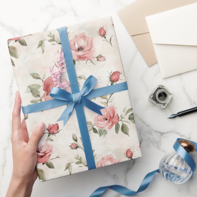Papel De Presente Chuva de Noiva Floral com Rosas Rosa Bege Marfim (Presentear)