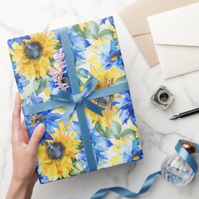 Papel De Presente Chuva de Noiva Flores Amarelas Azuis (Presentear)