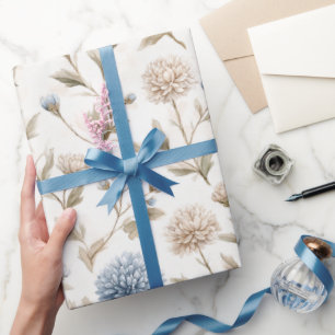 Papel De Presente Chuva de Noiva Flores Azuis Creme Bonitas