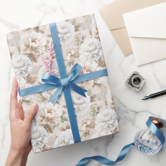 Papel De Presente Chuva de Noiva Flores Brancas Marrons (Presentear)