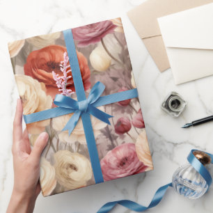 Papel De Presente Chuva de Noiva Flores de Primavera Creme Borgonha