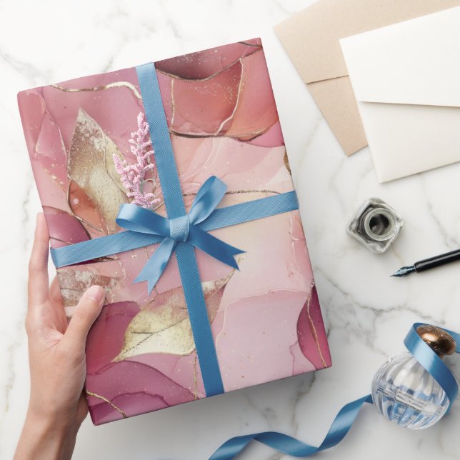 Papel De Presente Chuva de Noiva Rosa Bege Folhas Douradas (Presentear)