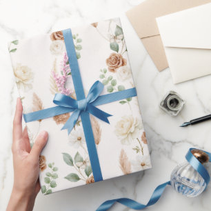 Papel De Presente Chuva Nupcial Boêmia Marrom Creme Flores