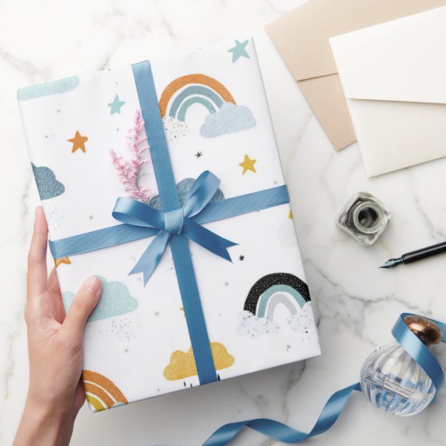 Papel De Presente Chuva Nuvens e Arco-Íris Baby Chá (Presentear)
