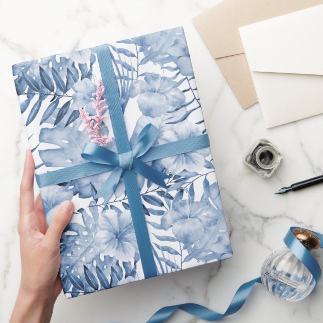 Papel De Presente Chuva Tropical de Flores Roxas e Azuis para Noiva (Presentear)