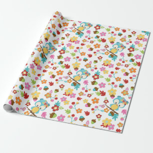 Papel De Presente Chuveiro de Bebê Menina com Coruja Florestal Fofa