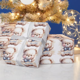 Papel De Presente Chuveiro de Bebê Urso Teddy Fofo É um Menino Aquar