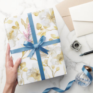 Papel De Presente Chuveiro Nupcial de Flores Brancas Douradas Chic
