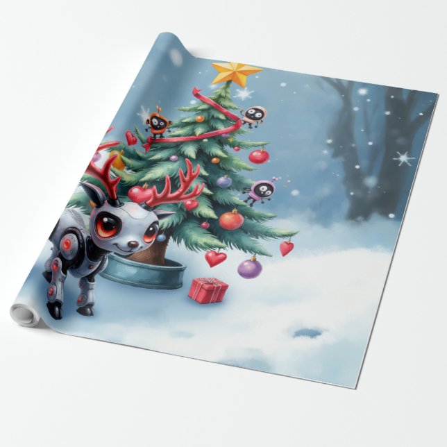 Papel De Presente Ciberpunk Reindeer bonito com Árvore de Natal (Desenrolado)
