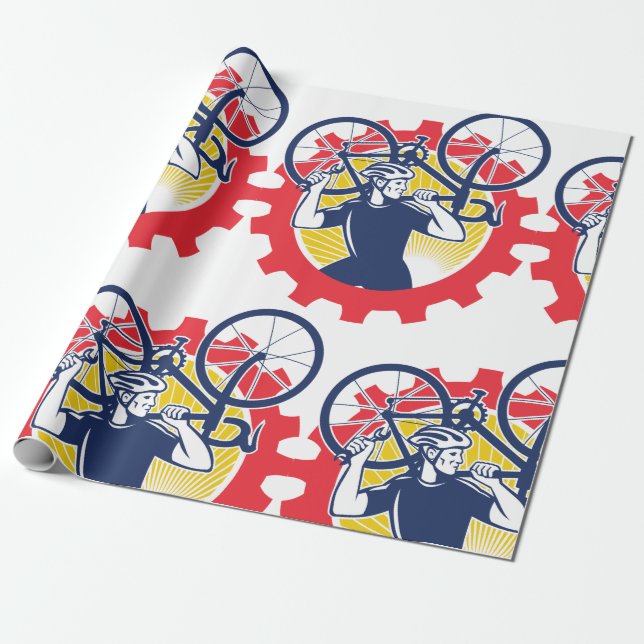 Papel De Presente Ciclista Carregando Bicicleta Mecânico de Ciclismo (Desenrolado)