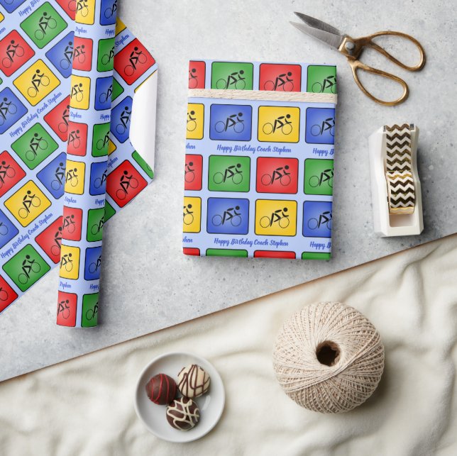 Papel De Presente Ciclo de texto personalizado com quatro ícones col (Artesanato)