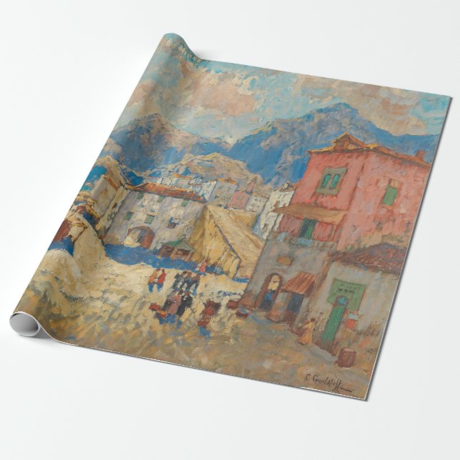 Papel De Presente Cidade Costeira na Espanha (Paisagem Espanhola Vin (Desenrolado)