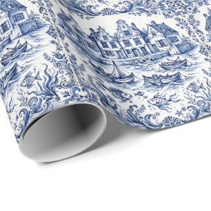 Papel De Presente Cidade de Delft e Porto de Pesca Azul Cobalto Bran