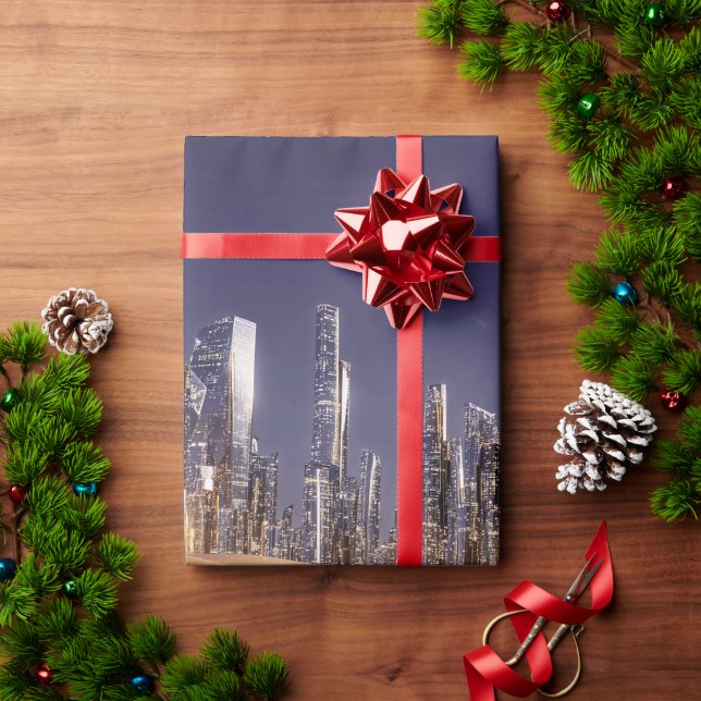 Papel De Presente Cidade Futurista de Ficção Científica Refletida na (Presente de Natal)