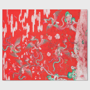 Papel De Presente Cinco Fenix em Jardim Floral Vermelho Chinês 