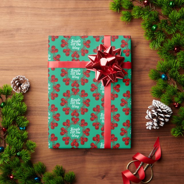Papel De Presente Cintos de Jingles Festivos Vermelhos em Verde (Presente de Natal)