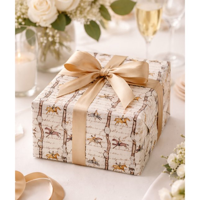 Papel De Presente Cintos e Arcos de Cavaleiros Elegantes Bege Script (Criador carregado)