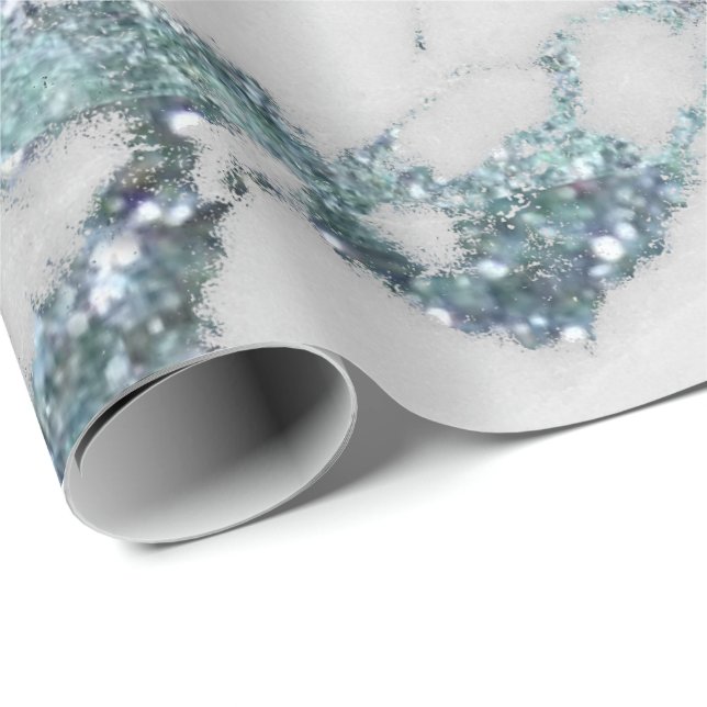 Papel De Presente Cinza Aquática Glama Brilhante Azul Marble Marble (Ponta do rolo)