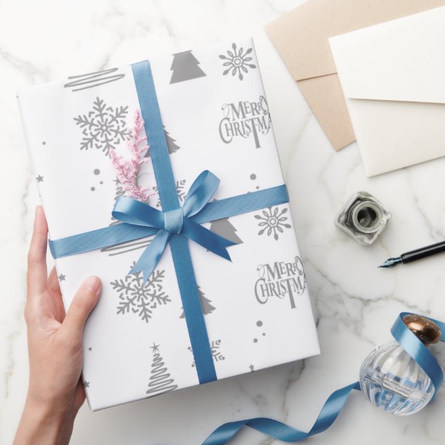 Papel De Presente Cinza Árvore de Natal Moderna e Flocos de Neve Pre (Presentear)