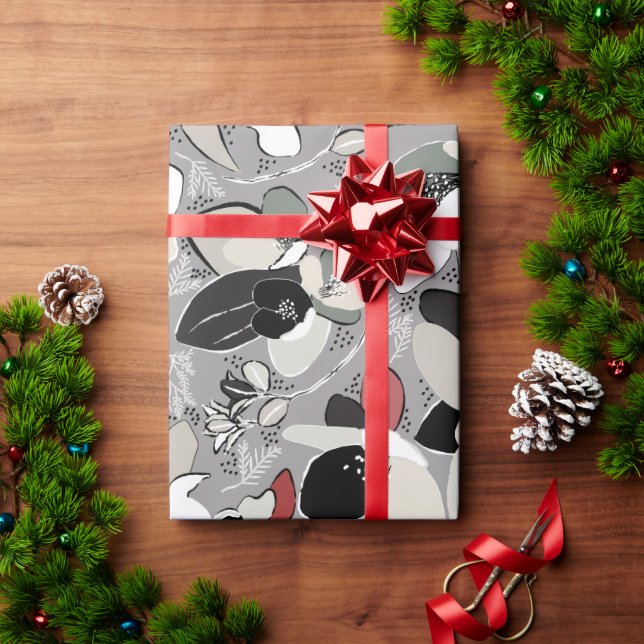 Papel De Presente Cinza Black Floral Winter Magnoly (Presente de Natal)