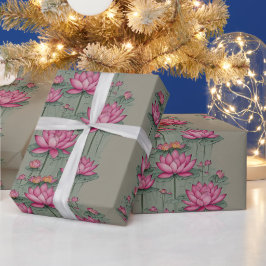 Papel De Presente Cinza Botânica da Flor de Lotus Rosa Elegante