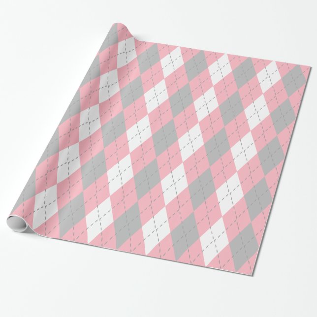 Papel De Presente Cinza Cor-de-Rosa Cinza Wht XL Argyle (Desenrolado)