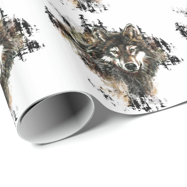 Papel De Presente Cinza d'água Wolf Mountain Willife Art (Ponta do rolo)