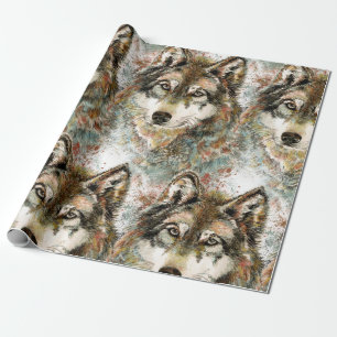 Papel De Presente Cinza de Aquarelas Wolf Willife Animal Art