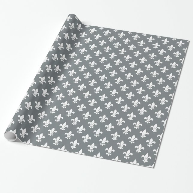 Papel De Presente Cinza de carvão White Fleur de Lis Patterno (Desenrolado)