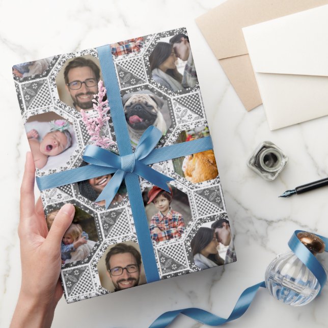 Papel De Presente Cinza de Colagem de Fotografias da Família com Exp (Presentear)