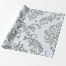 Papel De Presente Cinza de prata Damask Lux Azul Metálico Real
